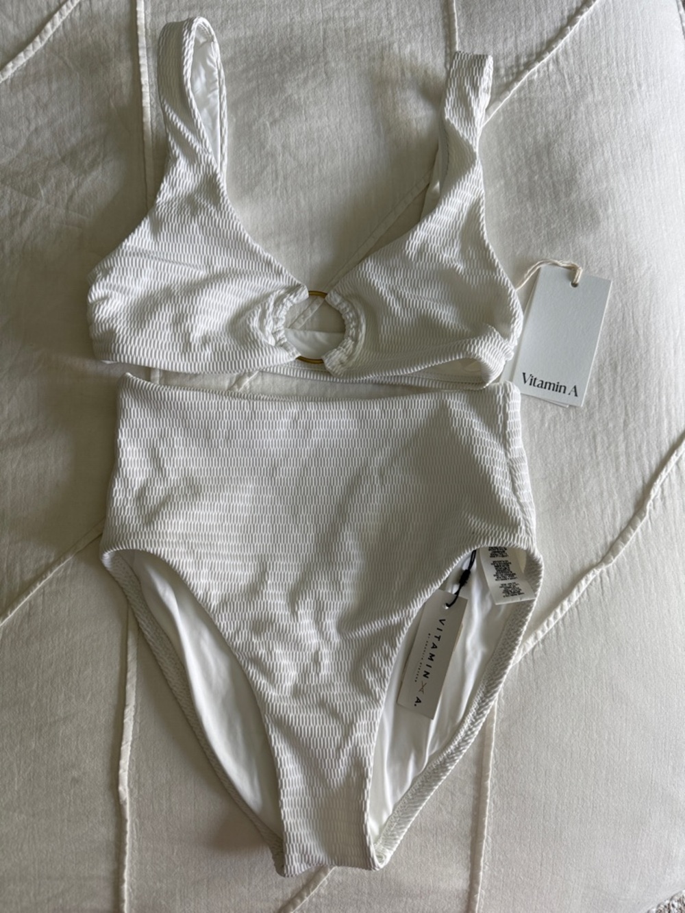 Vitamin A Cream Ribbed Ring-Front High-Waist Bikini